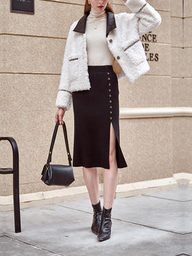 欧芮儿半身裙女2022春装单排扣开叉高腰显瘦包臀裙中长款一步裙