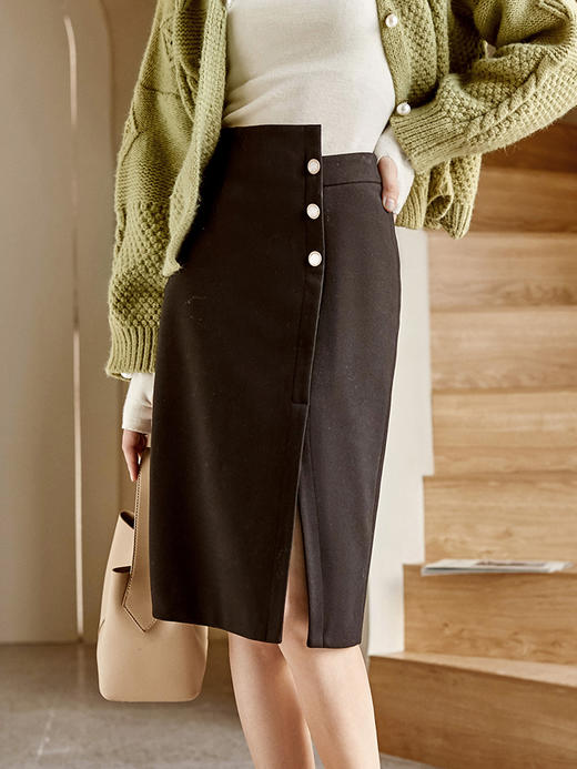 欧芮儿半身裙夏季女2022年显瘦呢子经典黑气质设计小众弹力铅笔裙 商品图2