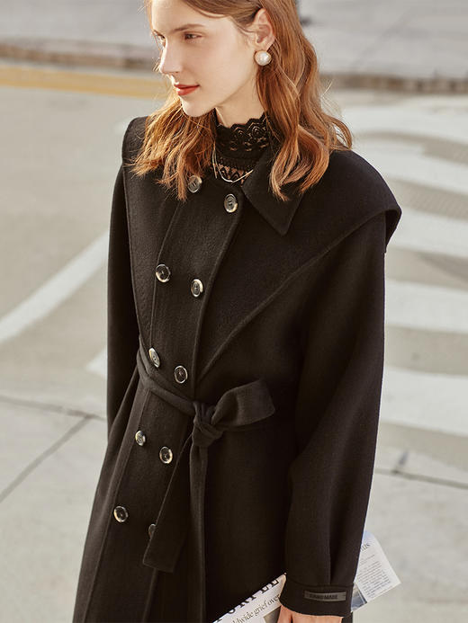 欧芮儿双面呢中长款毛呢外套女冬季收腰显瘦黑色气质呢子大衣 商品图3