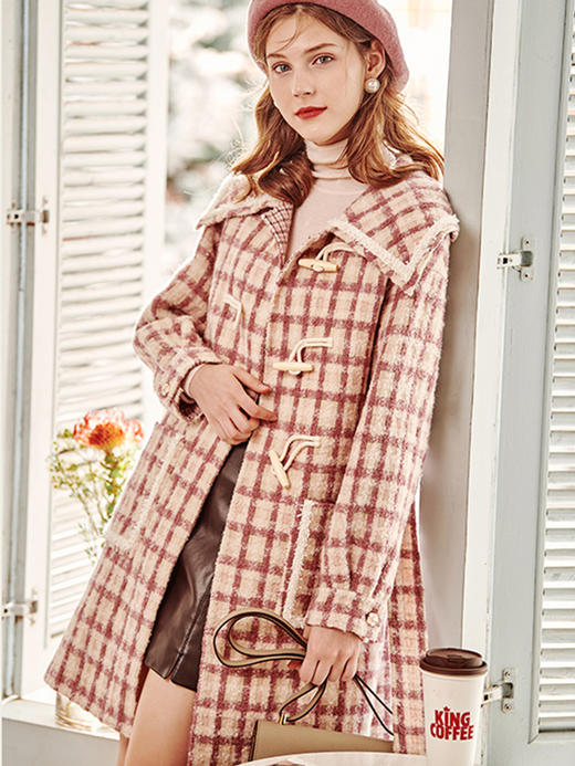 OLrain欧芮儿法式格子毛呢外套女秋冬2022年新款牛角扣海军领大衣 商品图1