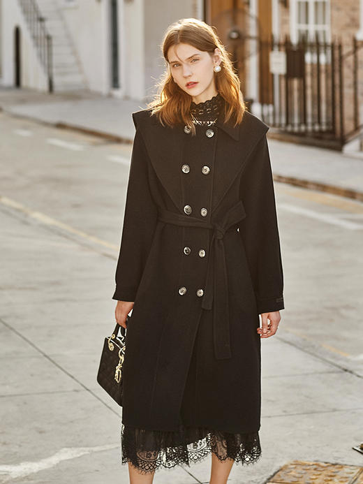 欧芮儿双面呢中长款毛呢外套女冬季收腰显瘦黑色气质呢子大衣 商品图1