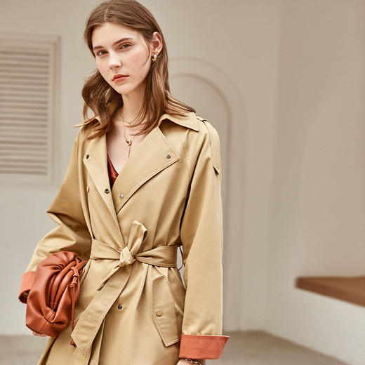 欧芮儿英伦风中长款风衣女新款系带宽松外套翻领大衣 商品图0