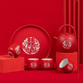 结婚大红色粗陶6头鸳鸯壶茶盘礼盒装家用陶瓷婚礼品送礼盒装喜庆