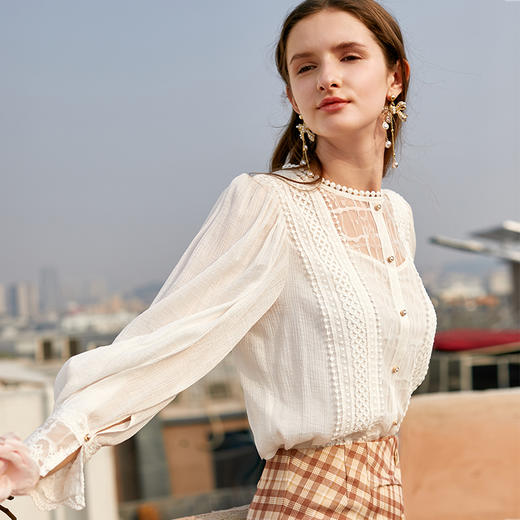 欧芮儿新款长袖白色雪纺衫女刺绣气质显瘦内搭蕾丝上衣 商品图0