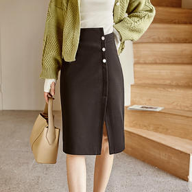 欧芮儿半身裙夏季女2022年显瘦呢子经典黑气质设计小众弹力铅笔裙