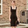 欧芮儿黑色U领毛织连衣裙短裙女2022春装性感开叉小黑裙 商品缩略图0