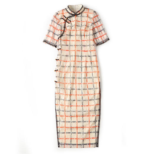 上海旗袍厂AYK-QF-201008蕾丝杏底红黑格旗袍连衣裙2021早春国风女装长款修身短袖旗袍裙女 商品图4