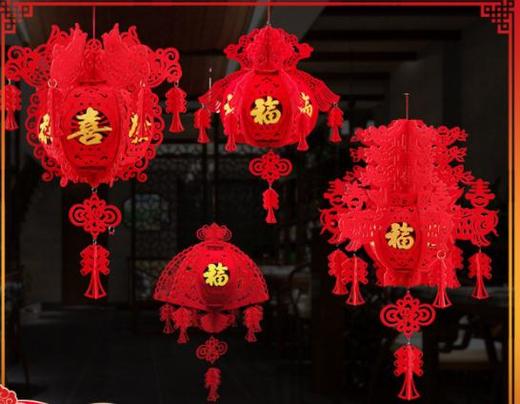 【装饰】*春节挂饰商场新年装饰植绒红灯笼喜庆大红福字六角宫灯 商品图1
