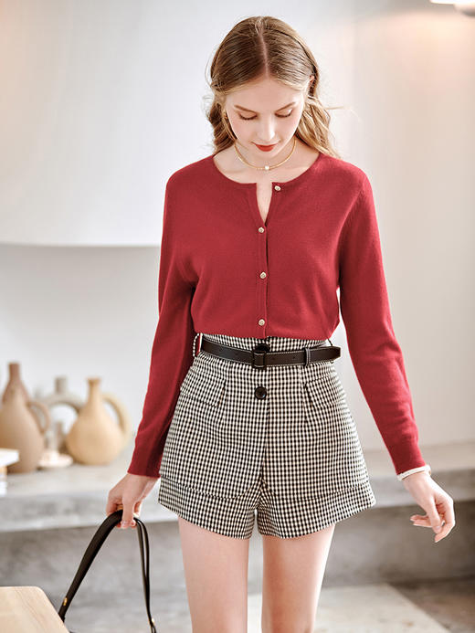 欧芮儿格子休闲裤女春季新款高腰显瘦简约百搭复古经典洋气短裤子 商品图3