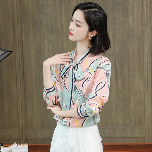 上海旗袍厂ASE-9088印染系带单排扣真丝衬衫 商品图0
