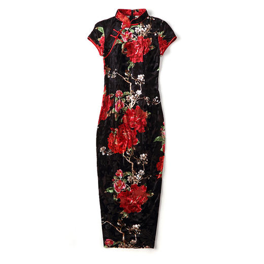 上海旗袍厂AYK-QF-190611定位花朵高弹力旗袍裙旗袍连衣裙2021早春中国风修身短袖长款旗 商品图4