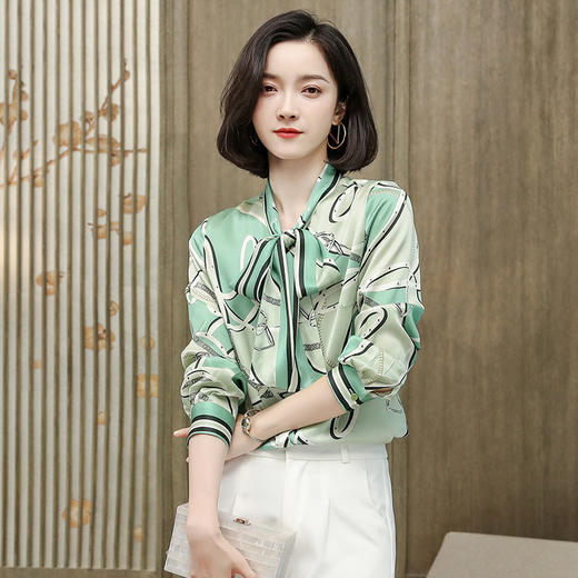 上海旗袍厂ASE-9088印染系带单排扣真丝衬衫 商品图1