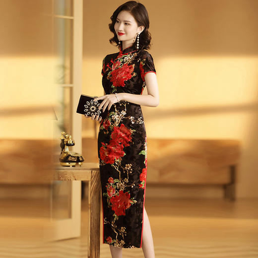 上海旗袍厂AYK-QF-190611定位花朵高弹力旗袍裙旗袍连衣裙2021早春中国风修身短袖长款旗 商品图0