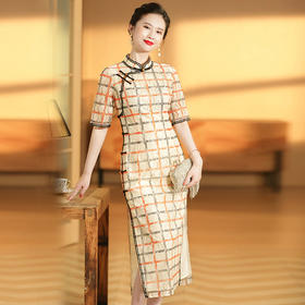 上海旗袍厂AYK-QF-201008蕾丝杏底红黑格旗袍连衣裙2021早春国风女装长款修身短袖旗袍裙女