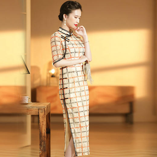 上海旗袍厂AYK-QF-201008蕾丝杏底红黑格旗袍连衣裙2021早春国风女装长款修身短袖旗袍裙女 商品图2