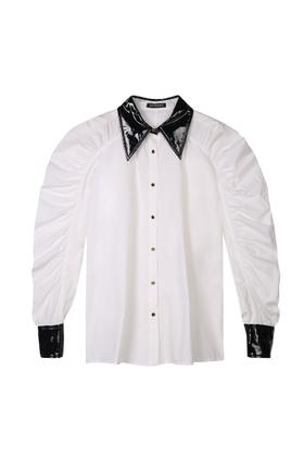 黑白撞色泡泡袖复古上衣