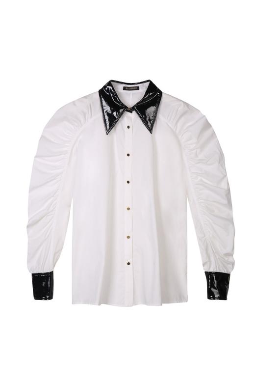 黑白撞色泡泡袖复古上衣 商品图0