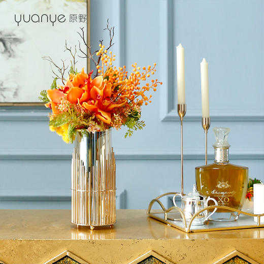 高档轻奢仿真花假花摆件餐桌酒店茶几橘橙金铜色花器瓶样板板房间 商品图3