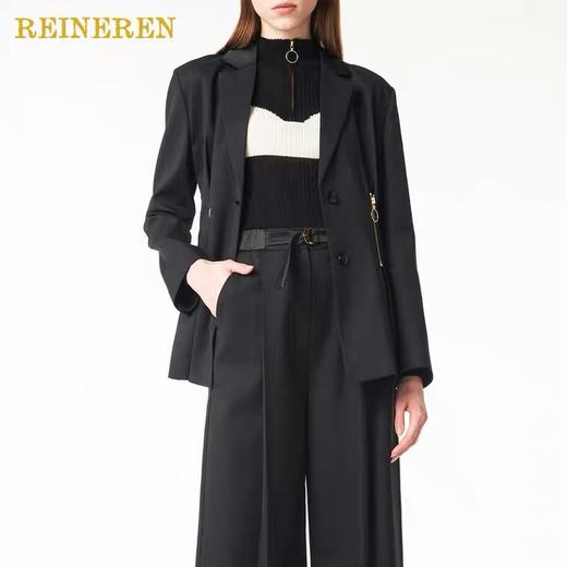 混纺拉链收腰黑西装 商品图1