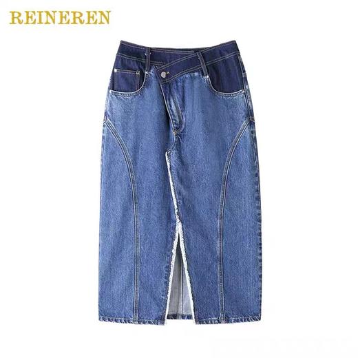 撞色前开衩牛仔半裙 商品图0