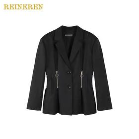 混纺拉链收腰黑西装