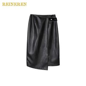 不对称前开衩皮裙