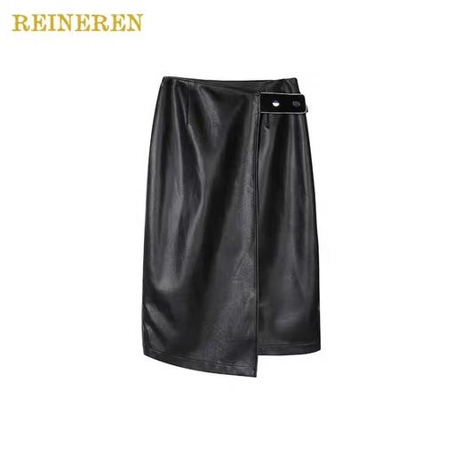 不对称前开衩皮裙 商品图0