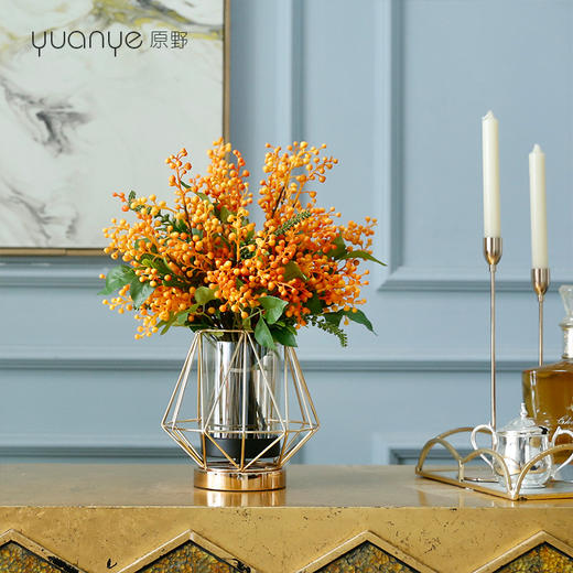 高档轻奢仿真花绢花玄关酒店前吧台茶几橘橙金铜色花器瓶样板间房 商品图1