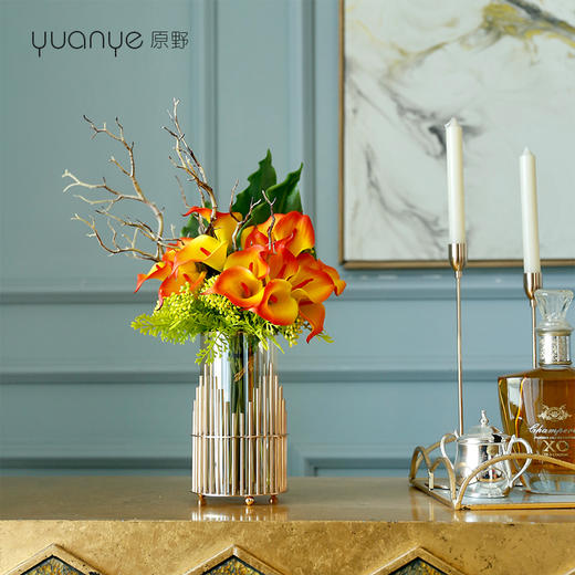 高档轻奢仿真花假花摆件餐桌酒店茶几橘橙金铜色花器瓶样板板房间 商品图2