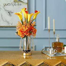高档轻奢仿真花绢花玄关酒店前吧台茶几橘橙金铜色花器瓶样板间房