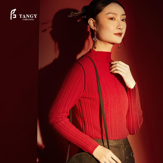 TANGY Collection/天意精品冬季新品新年特辑红色羊绒手工线迹毛衫 商品图2