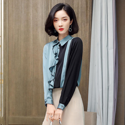 上海旗袍厂ASE-3386撞色真丝衬衫女新款拼色衬衣洋气桑蚕丝上衣 商品图1