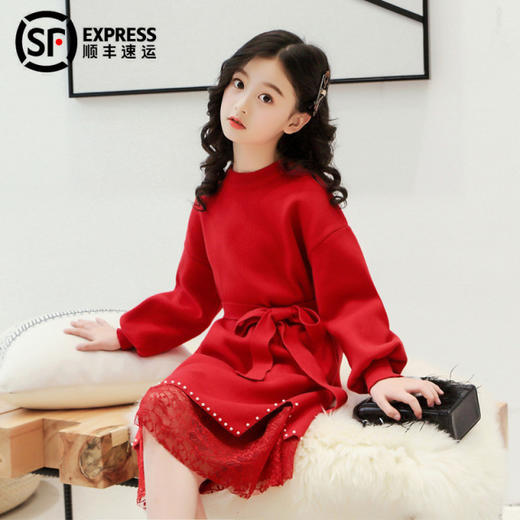 【女童连衣裙蕾丝针织打底衫套装】童装秋冬儿童女秋冬2020新款毛衣裙 商品图0