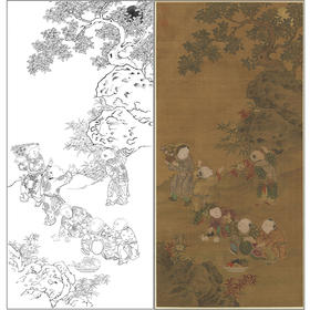 竖幅工笔山水人物白描底稿-元 元人《秋景戏婴图》轴-多种白描尺寸可选-A627