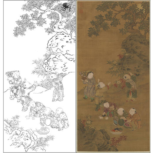 竖幅工笔山水人物白描底稿-元 元人《秋景戏婴图》轴-多种白描尺寸可选-A627 商品图0