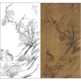 竖幅工笔花鸟白描底稿-兔子-宋 崔白《双喜图轴》绢本-多种白描尺寸可选-A629