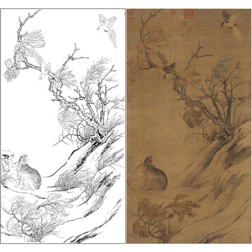竖幅工笔花鸟白描底稿-兔子-宋 崔白《双喜图轴》绢本-多种白描尺寸可选-A629 商品图0