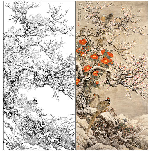 竖幅工笔花鸟白描底稿-梅花山茶花-梅茶山禽图 A626 商品图0