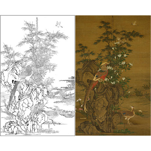 竖幅工笔花鸟白描底稿-元 王渊《花竹锦鸡图轴》绢本-多种白描尺寸可选-A630 商品图0