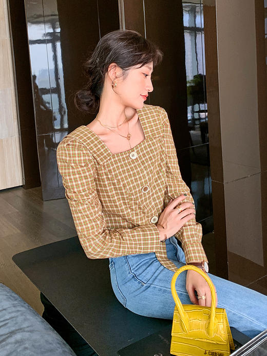 欧芮儿方领格子衬衫女早新品气质淑女长袖蝴蝶结短款上衣 商品图0