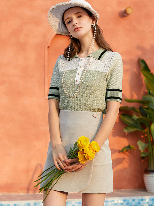 欧芮儿新款polo领短袖条纹镂空针织衫女修身显瘦套头毛衣 商品图0