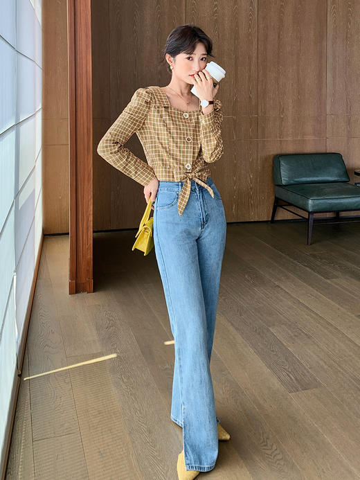 欧芮儿方领格子衬衫女早新品气质淑女长袖蝴蝶结短款上衣 商品图2