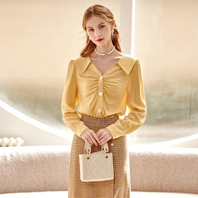 欧芮儿黄色长袖衬衫女春新款娃娃领气质显瘦优雅通勤职场抽褶衬衣