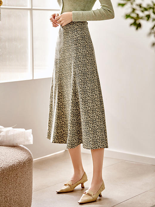 欧芮儿雪纺碎花半身裙女春季新款高腰显瘦年轻时髦优雅绿色鱼尾裙 商品图1