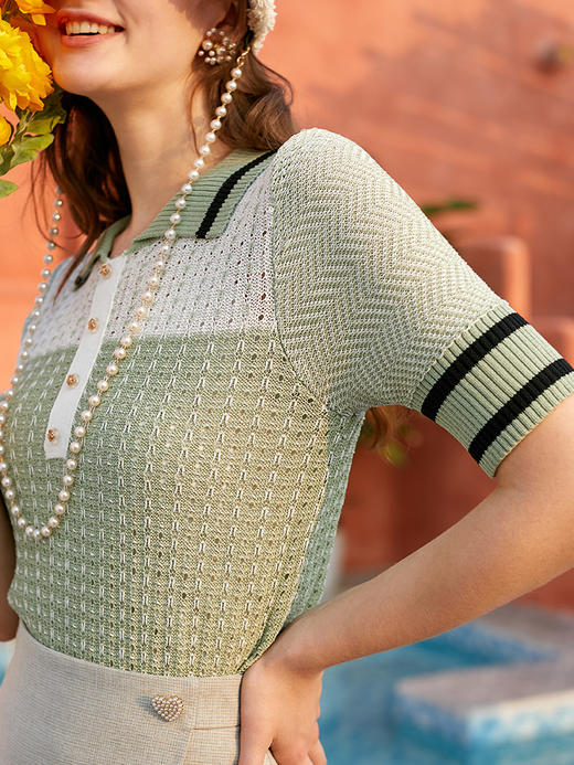 欧芮儿新款polo领短袖条纹镂空针织衫女修身显瘦套头毛衣 商品图2