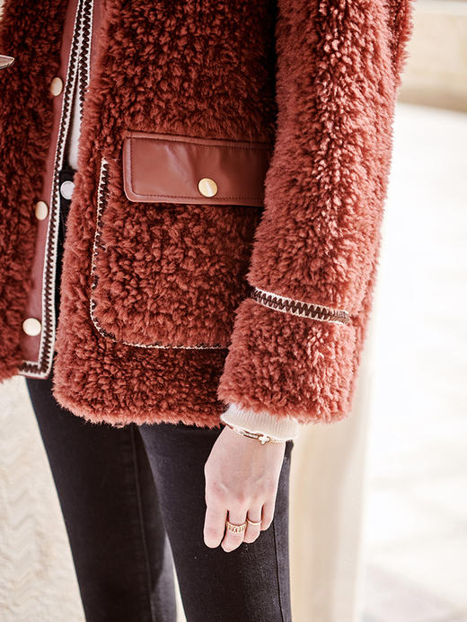 欧芮儿羊剪绒短外套女冬季新款休闲砖红色小香风洋气保暖外套 商品图2