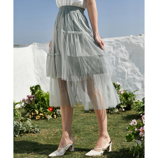 欧芮儿年夏新款高腰显瘦网纱半身裙女百搭中长款A字蛋糕裙 商品图0