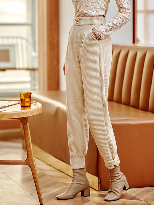 欧芮儿休闲裤女款秋冬高腰显瘦宽松时尚气质优雅收脚口条绒裤 商品图1