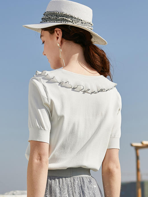 欧芮儿夏新款短袖针织衫女T恤打底衫荷叶边白色V领上衣薄款 商品图3