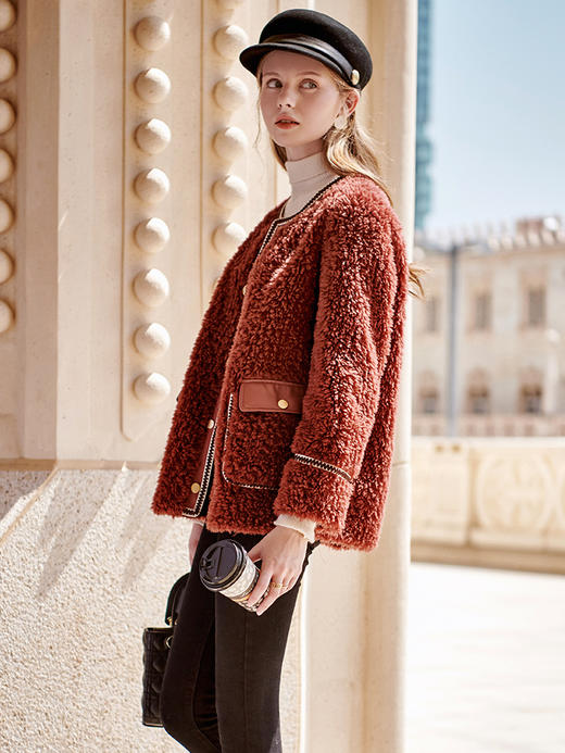 欧芮儿羊剪绒短外套女冬季新款休闲砖红色小香风洋气保暖外套 商品图1